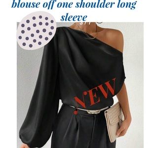 NEW ann taylor navy & polka dots cream blouse off one shoulder long slee…